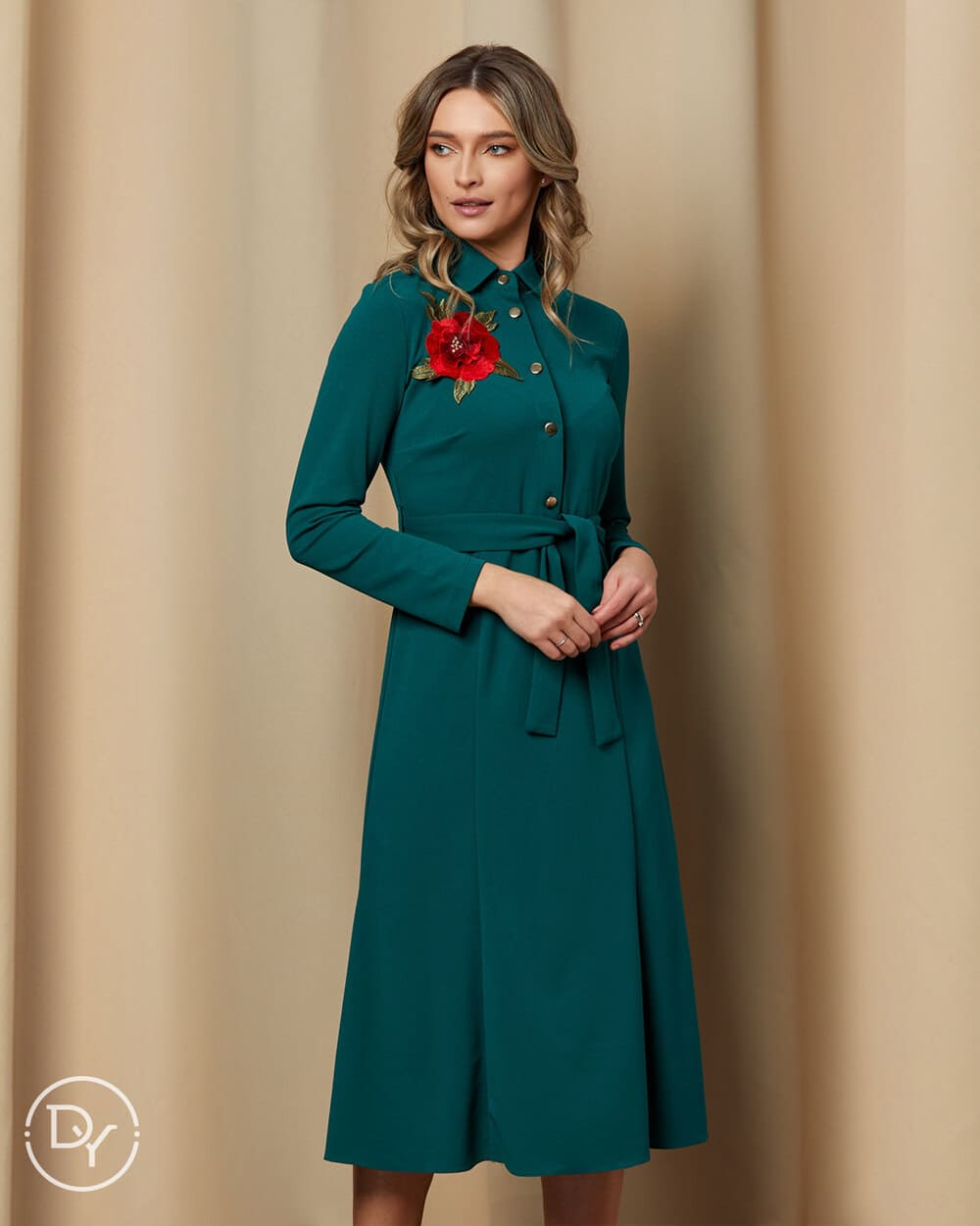 Rochie Dy Fashion verde cu floare brodată